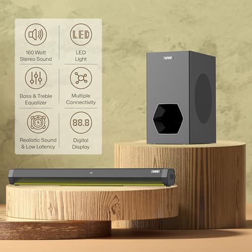 Image of VW Hunter Bar | 160W Soundbar | 2.1 Channel Home Theatre | Deep Bass from 6.5 inch Subwoofer | Multiple Connectivity | 4 EQ Modes | Sleek Remote & LED Light (Black)