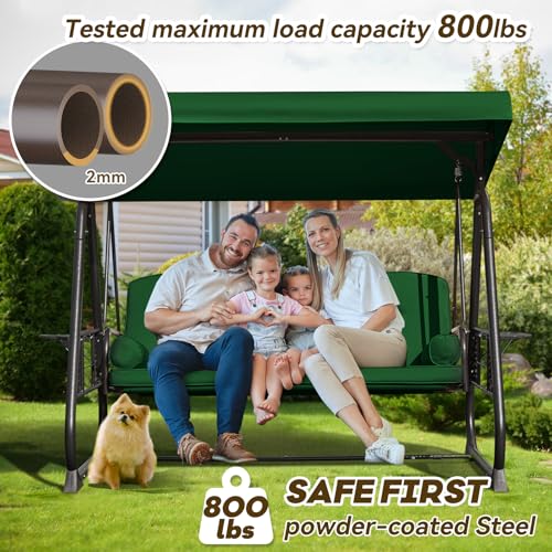 Image of 3 in 1 Outdoor Porch Swing with Adjustable Canopy, 3 Seat Outdoor Swing for Adults, Patio Swing Chair with Thickened Cushions,Pillows & Cup Holders for Backyard, Porch, Garden (Green)