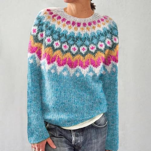 GOKKILRW Fair Isle Sweater Women Vintage Ethnic Jumpers Colorful Long Sleeve Crewneck Knitted Argyle Jacquard Pullover Tops2