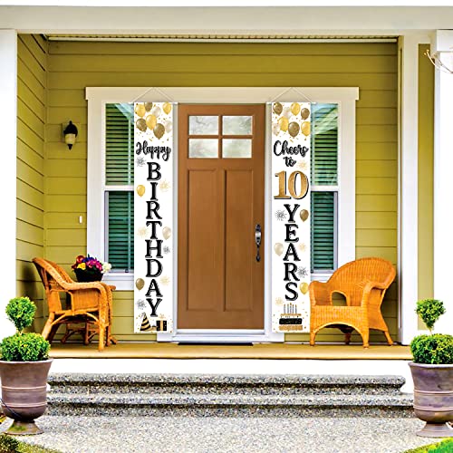 Happy 10th Birthday Decorations,10th Gold Balloon Birthday Theme Door Hanging Banner Sign,Cheers to Ten Years Old Bday Party Supplies.