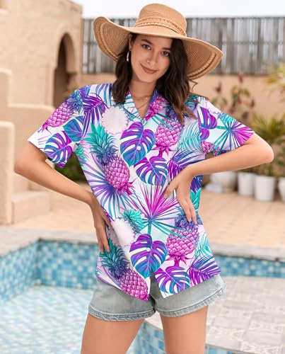 Image of SANGTREE Girls & Women's Hawaiian Shirts Button Down Short Sleeve Floral Tropical Shirt Beach Vacation Blouse Tops