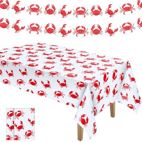 Juexica 4 Pcs Crab Party Decorations 54 x 108 Inch Table Cloth and Banners for Crab Boil Party Supplies Crawfish Tablecover Summer Birthday Sea Food Decorations