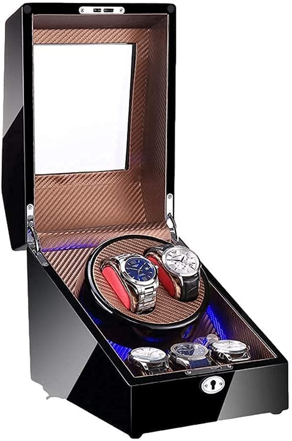 OUZVI Automatic Watch Winder,Automatic Watch Winder 2 + 3 Watch Winder Box Piano Paint Finish with Blue LED Light Soft Watch Pillows Quiet Motor Watch Winder (E)