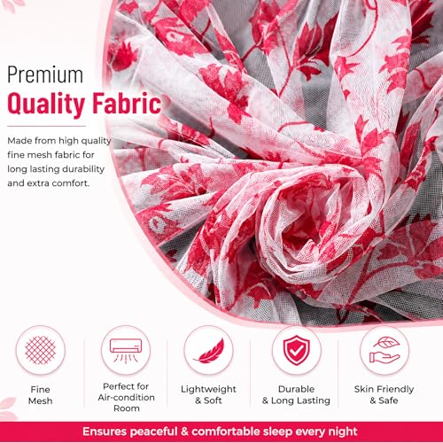 Image of Mosquito Net for King Size Bed & Double Bed, 6x7 Ft, Wall Hanging Machhardani, No Frame Required, Floral Vine Pattern, Premium Poly-Cotton Fabric, Breathable Mesh Ideal for AC Rooms (Rose Vine Pink)