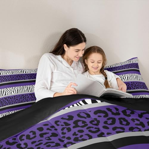 Image of Feelyou Leopard Print Comforter Set Toddler Size Zebra Stripes Bedding Set for Kids Boys Girls Teens Purple Black White Zebra Leopard Fur Comforter Safari Animal Hair Duvet Set Room Decor Quilt