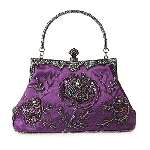 DA BODAN Vintage Floral Perlas Rhinestone Bordado Clutch Lentejuelas Boda Fiesta de Prom Bolsa Novia Señoras Crossbody Novia Bolso, morado, 22cm*21cm