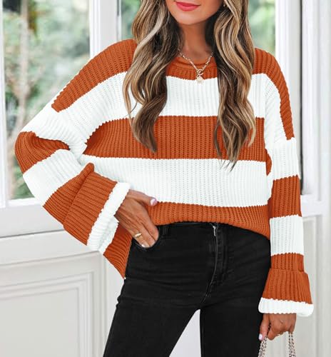 Image of ZESICA Womens Long Sleeve Oversized Striped Knitted Sweaters | Color Block Sweater,Crew Neck Sweater,Loose Fit Sweater,Ribbed Knit Pullover,2026 Fall Winter Sweater,Casual Going Out Top
