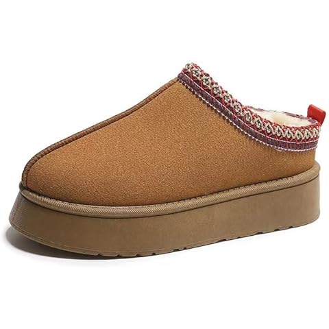 Women's Platform Slippers Mini Boots Braid Slippers with Plush Fleece Lining Fuzzy Slippers for Women Slip (brown, Adult, Women, 8, Numeric, US Footwear Size System, Medium) Cover