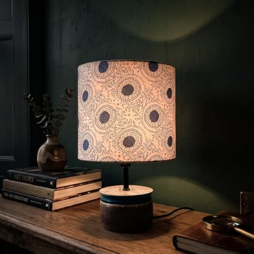 Image of Amazon Basics Kashida Bloom Table Lamp | Hand-Painted Mango Wood Base with Printed Polyester Shade | E14 Holder | Decorative Night Lamp for Bedroom, Living Room & Study Room | Home Decor Gift