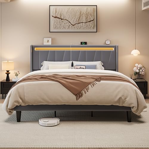 Image of Allewie King Size LED Bed Frame with Charging Station, Velvet Upholstered Platform Bed with Geometric Wingback Headboard, Modern Frame with No Box Spring Needed, Easy Assembly, Grey