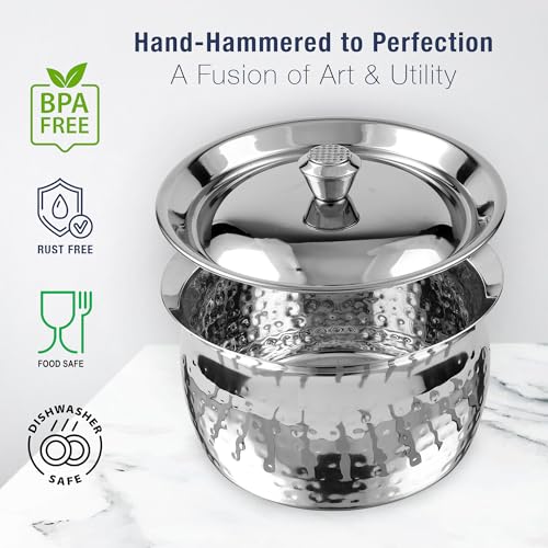Stainless Steel Biryani Handi Set | Premium Steel Hammered Finish Tope, Patila Handi | Hammered Design, Tableware & Serveware for Home, Kitchen & Restaurants (1.5 Quart, 2.1 Quart & 3.7 Quart) - Image 5