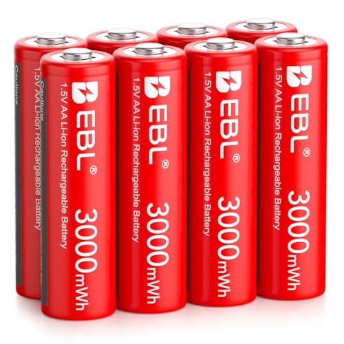 Image of EBL 8-Pack Rechargeable AA Lithium Batteries, 1.5V 3000mWh Rechargeable AA Batteries, Long-Lasting Double A Batteries (Compatible Only with 1.5V Devices)