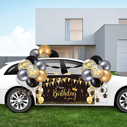 Birthday Parade Car Decorations Kit Happy Birthday Car Banner with Rope Black Golden Latex Balloons Birthday Hanging Swirls Crepe Paper Streamers for Birthday Parade Party Car Decorations