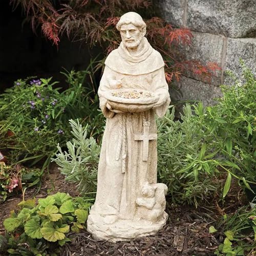 Bits and Pieces St Francis Garden Statue Bird Feeder - Saint Francis of Assisi Statue Outdoor Garden Statuary - 26" Tall Garden Sculptures & Statues Catholic Statues - Lightweight Durable Polyresin