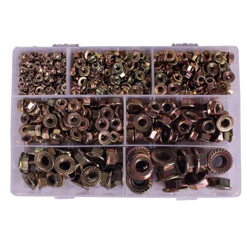 Image of Yellow Coated Flange Head Hexagonal Nuts 7 Sizes M3, M4, M5, M6, M8, M10, M12 665 Pcs Assortment Pack