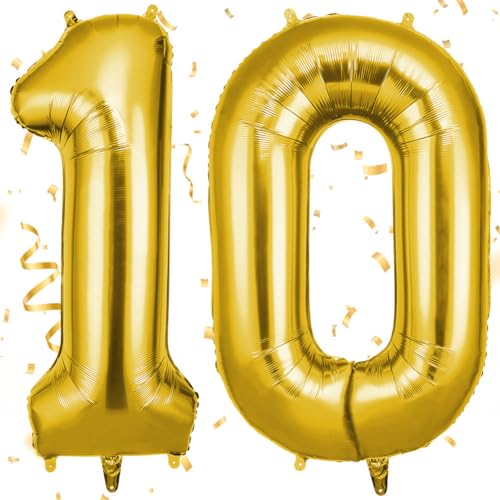 OFFCUP 40 Inch Gold Number 10 Balloon for 10st Birthday Decoration Birthday Balloons Large Foil Number 1 & 0 Balloons Self Inflating for Boys Girls Men Women Birthdays Anniversary Party Decorations