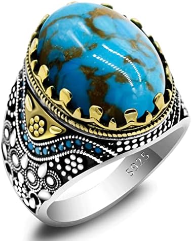 AROTOROM Turquoise Ring for Men in 925 Sterling Silver Oval Sky Blue Stone Ring Turkish Handmade Jewelry (Size11)