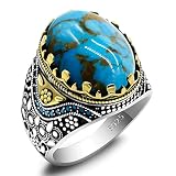 AROTOROM Turquoise Ring for Men in 925 Sterling Silver Oval Sky Blue Stone Ring Turkish Handmade Jew