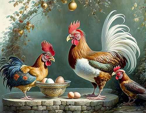 Poule regardant dans un bol complet poster toile 58x90cm pour une cuisine campagne chic