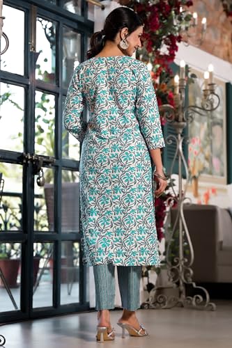 Image of MIRCHI FASHION Women's Straight Fit Pure Cotton Jaipuri Floral Printed Sequins Thread Work Kurta Set with Dupatta and Trouser