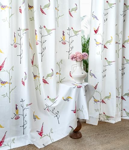 Image of Tranquebar Curtain Co. Cotton Curtains 8 Feet Long, 60-65% Room Darkening, Multicolor Bird Print, 8 Feet Curtains, 8 Feet Curtains, BackTab Loops, Design Shiri (244 cm) - Set of 2