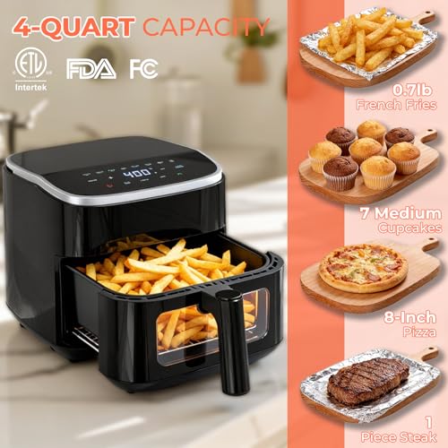 Image of NEWBULIG Air Fryer，4QT Small AirFryer with Easy View Window and Interior Light, Digital Touchscreen with 8 Presets for Custom Cooking, Nonstick and Dishwasher Safe Basket, Black