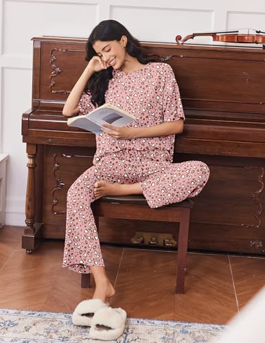 Image of Ekouaer Lounge Sets for Women Short Sleeve Tops and Long Pants Soft Comfy Pajamas Set 2 Piece Outfits