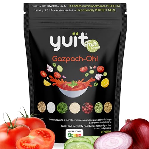YUIT - Batidos Sustitutivos de Comida con 31 vitaminas y Minerales + Probióticos - Batido Proteico con 35gr de proteínas - Comida Real y Natural - Batido dietético saciante (POWDER Gazpach-Oh)