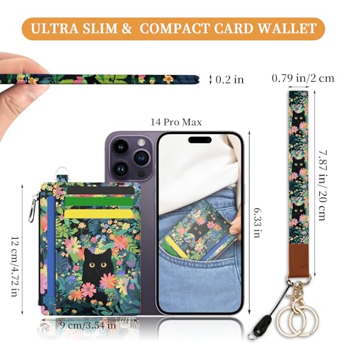 Image of Hancynir Flower Black Cat Floral Slim Wallet Women Credit Card Holder Small Cute RFID Blocking Front Pocket Wallet Wristlet Keychain Lanyard Card Case Thin Travel Zipper Coin PU Leather Ladies Gifts