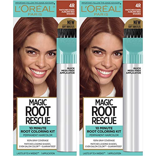 L'Oreal Paris Magic Root Rescue 10 Minute Root Hair Coloring Kit, Permanent Hair Color with Quick Precision Applicator, 100% Gray Coverage, 4R Dark Auburn, 2 count
