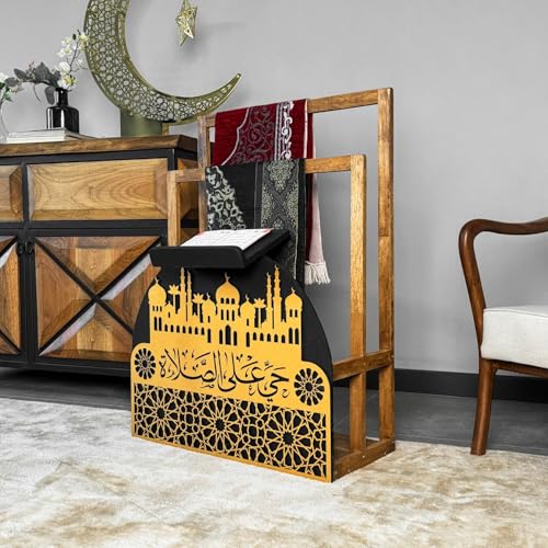 Wooden Quran and Prayer Mat Stand, Ideal Gift for Ramadan & Islamic Home Decor, Elegant Prayer Rug Holder and Organizer (Gold)