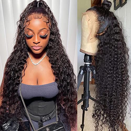 26Inch Deep Wave Lace Front Wigs Human Hair 13x4 Lace Frontal Human Hair Wig Pre Plucked for Black Women Deep Culry HD T