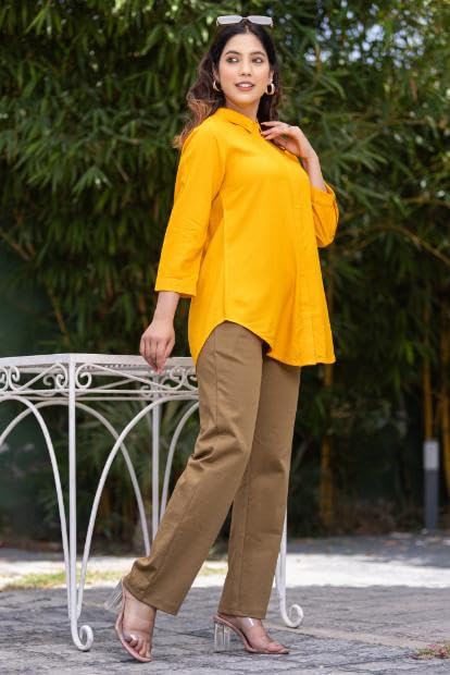 Image of Mlada Hemline Solid Shirts for Women | 3 /4 Sleeves Classic Rayon Shirt for Office Wear | Collared Neck Shirt for Girls | Regular Fit Shirts | Smart Formal Button Down Shirt for Women