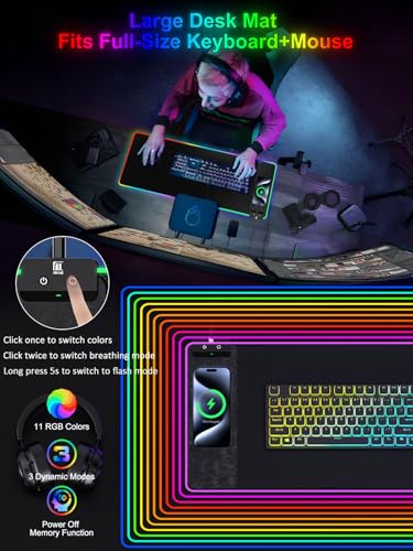 Image of RGB Gaming Mouse Pad with Fast Wireless Charger, LED Extended Desk Mat, Home Office Large Desk Pad with Ultra-Smooth Surface, Non-Slip Base, Waterproof Keyboard Pad (Black)