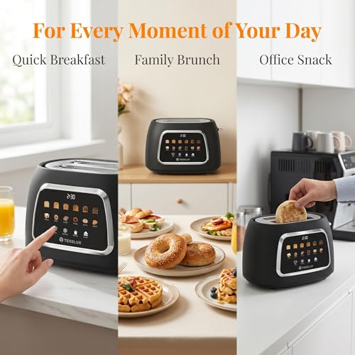 Image of Tesslux 2 Slice Toaster with Touch Screen Control, 1.5 inch Wide Long Slots, 6 Browning Levels & 6 Bread Types, Digital Timer, Memory, Defrost, Reheat (Black, 2 Slice)