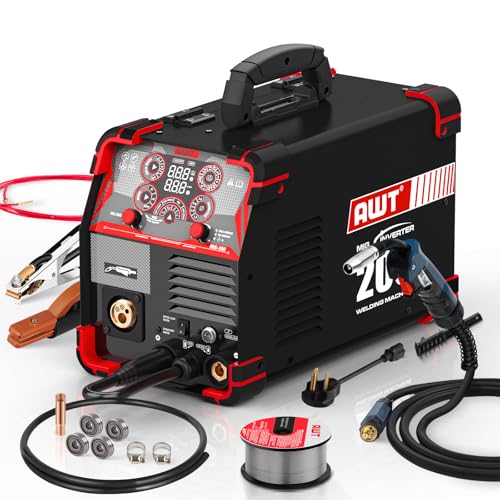 AWT MIG Welder, 200Amp 8 in 1 Gas MIG/Gasless Flux Core MIG/Stick/Lift TIG/Spot Welding/Spool Gun Aluminum MIG Welder, 110/220V Dual Voltage, Multi-Process Welding Machine With LED Digital Display