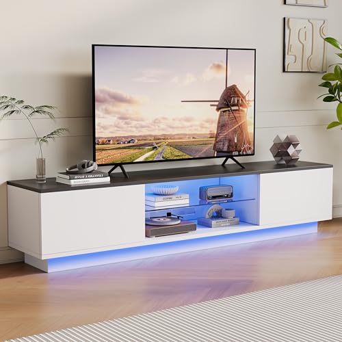 Meuble TV 140 cm Longueur, Meuble Tele Blanc avec LED, Étagères Ouvertes en Verre, Meuble TV...