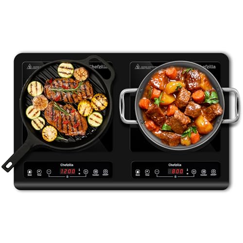 Chefzilla Induction Cooktop Double Burner, 1800W Induction Cooker Cooktop, 10 Temperature 10 Power Settings Portable Electric Countertop Burner Touch Stove with 200W continuous heating available.
