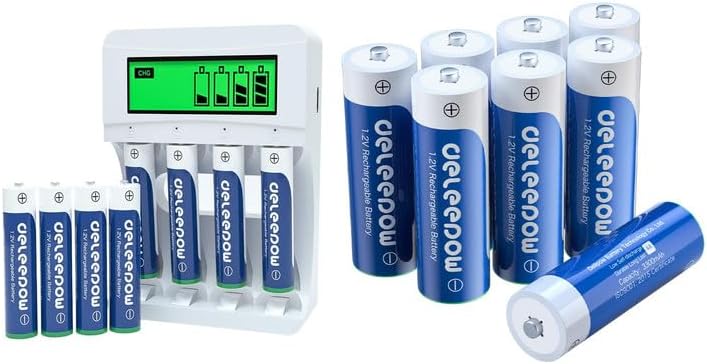 Deleepow Baterías recargables AAA 1100mAh Ni-MH Batería recargable 1.2V tamaño AA paquete de 8 con cargador y paquete de 8 pilas recargables AA Nimh