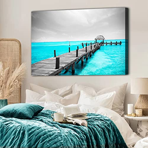 Image of Teal Ocean Canvas Wall Art for Living Room Black and White Coastal Beach Bridge Wall Decor Mexico Cancun Seascape Prints Pictures 32 inch x 48 inch Modern Artwork Poster for Bedroom Bathroom Home Decoration