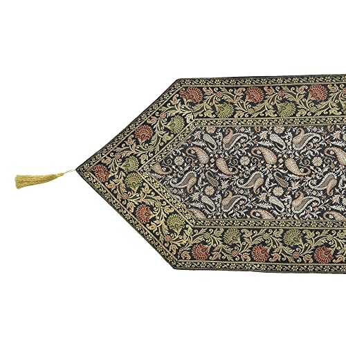 Image of E-EZRA Room Decor Banarasi Silk Handmade Flower V Shape Table Runner Dinning & Centre Table Long Runner Bed Runner Gold Tassels End Size 14 X 80 inches (Black)