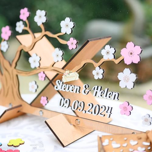 Image of Rustic Fall Maple Tree Wedding Guest Book Alternative with Drop Leaves | Personalized autumn leaf drop box frame with sign-in leaves for custom names and date, rustic fall wedding decor