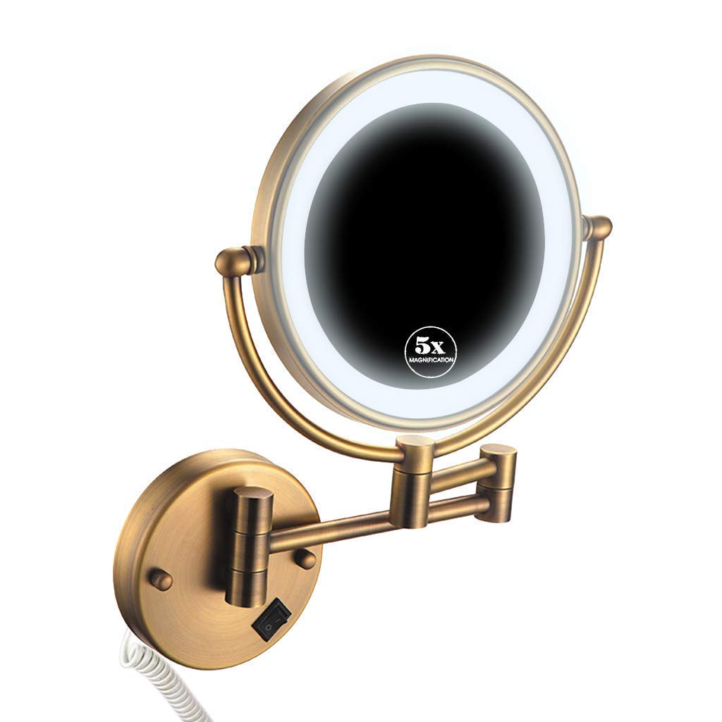 Miroir maquillage mural grossissement 5X pivotant 360° à éclairage LED