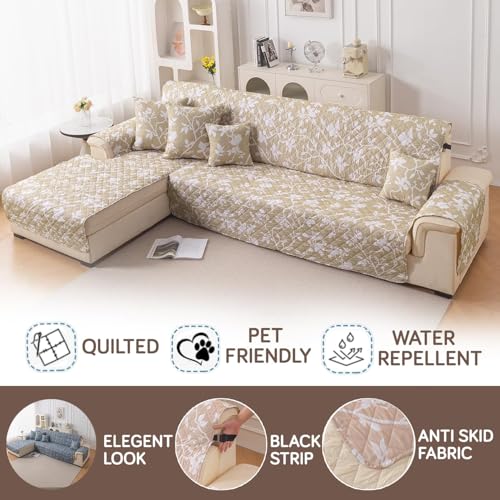 Image of HOKIPO 'Elira Series' Printed Quilted One-Piece L Shape 4 Seater (2+2) Sofa Cover with Left Chaise | Anti-Slip Design, Buff Brown Sillehoute Floral (NEW-AR-5373-C7)