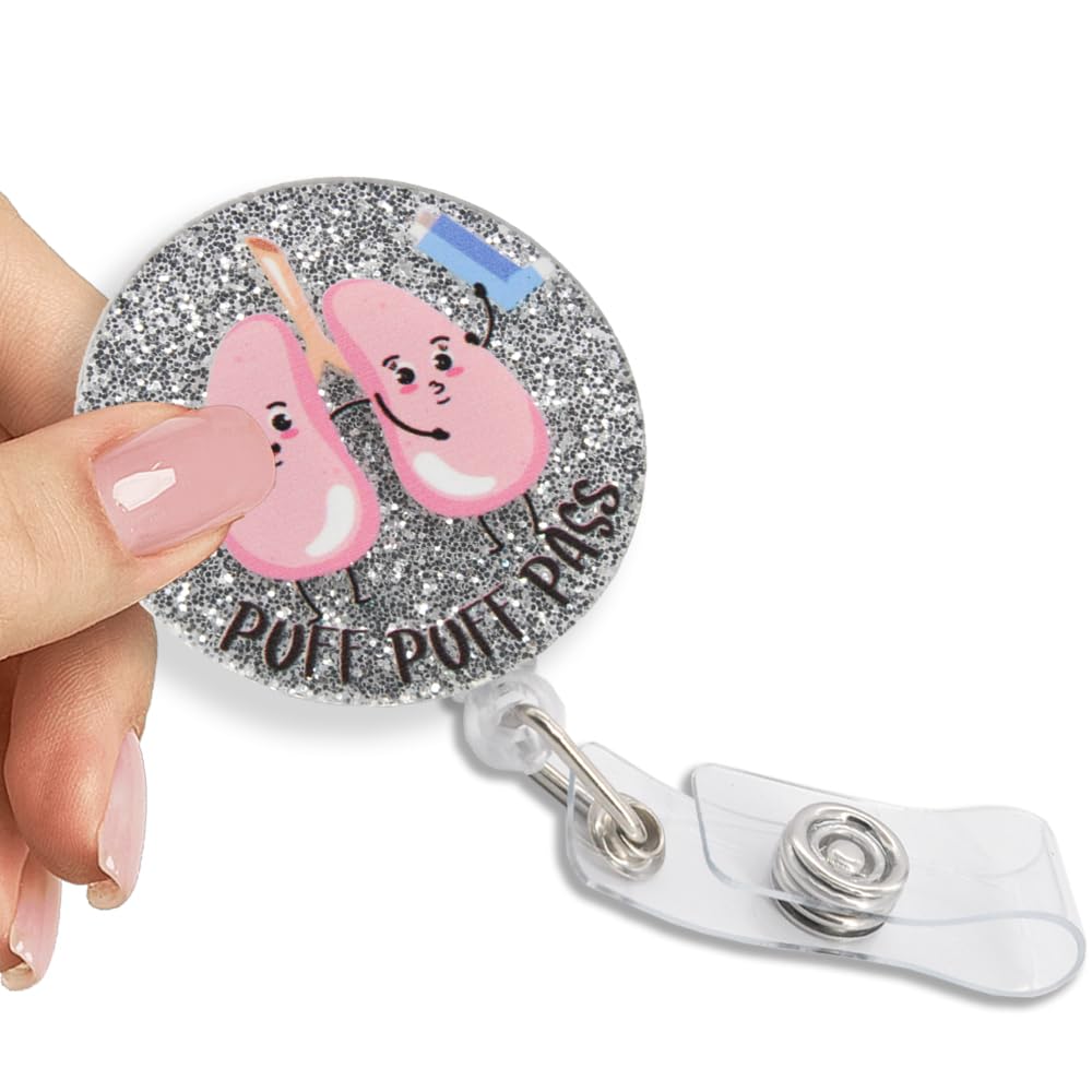 PishoviPuff Puff Pass Retractable Badge Reel with Glitter, Funny Badge Holder for Respiratory Therapists Respiratory Medicine Nurses Asthma Mentors, Graduation Gift for Pulmonary Pathology Physicians