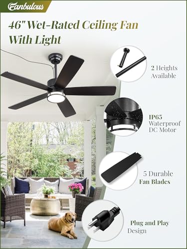 Fanbulous 46" Outdoor Ceiling Fan with Light for Patios, IP65 Waterproof, Plug in Gazebo Fan with Remote APP Control, 3CCT Dimmable, 6-Speeds, Hanging Fan for Gazebo Porch Pergola Canopy(Black) — view 3