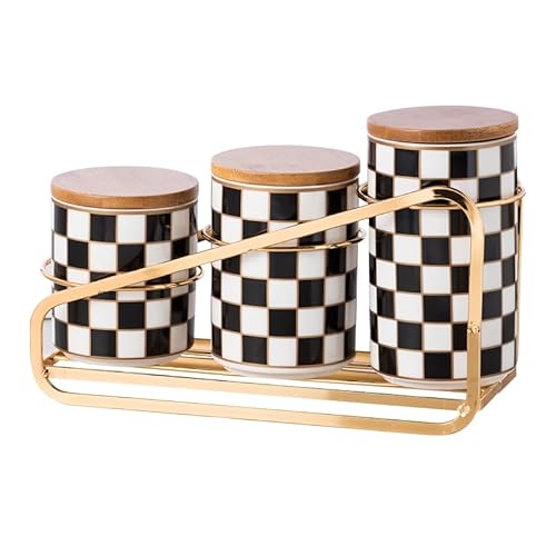 XYQXYQ Kitchen Countertop Ceramic Checkered Canisters Set, 3Pcs Grid Pattern Kitchen Jars with Layered Shelves, Sealed Countertop Flour and Sugar Containers, Coffee and Tea Storage - Black
