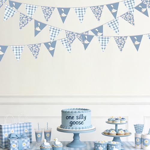 Image of 30 Ft Silly Goose Party Decorations Dusty Blue Buffalo Plaid Floral Daisy Pennant Banner Flag Hanging Paper Triangle Bunting for Silly Goose Birthday Wedding Shower Party Decorations Supplies