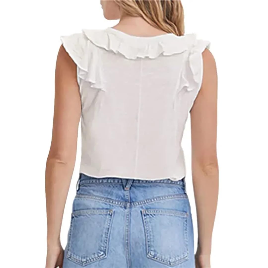 Camicie da donna estive casual con volant senza maniche scollo a V sciolto solido top
