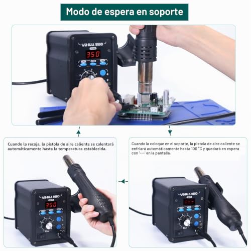 Miniatura 4 de Yihua 959d Estación De Retrabajo De Aire Caliente Para Soldadura Smd, 3 Canales De Memoria Con 4 Boquillas De Aire Caliente, Alfombrilla De Trabajo De Soldadura, Pinzas Seguras Esd Eu Plug